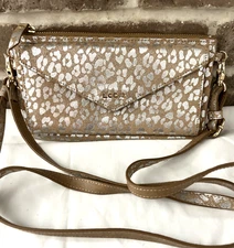 LODIS Organizer Wallet Crossbody or Wristlet Convert Tan/Silver Animal Print EUC