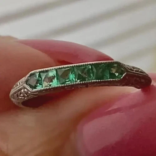 Art Deco Style Emerald Princess Stone Wedding Band White Gold Finish in Silver