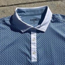 Rhone Polo Shirt Golf Sport Performance Mens Large Blue Geometric UPF50 NWT 108