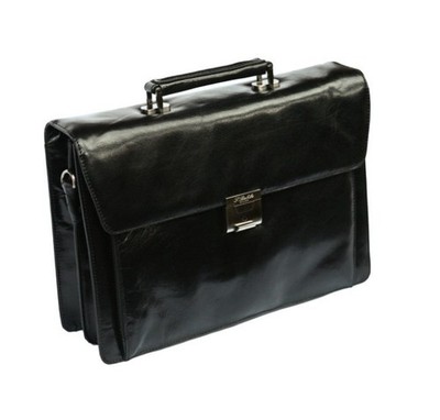 S Babila Black Flap Over Leather Briefcase-Italian Grain Cowhide Leather NEW
