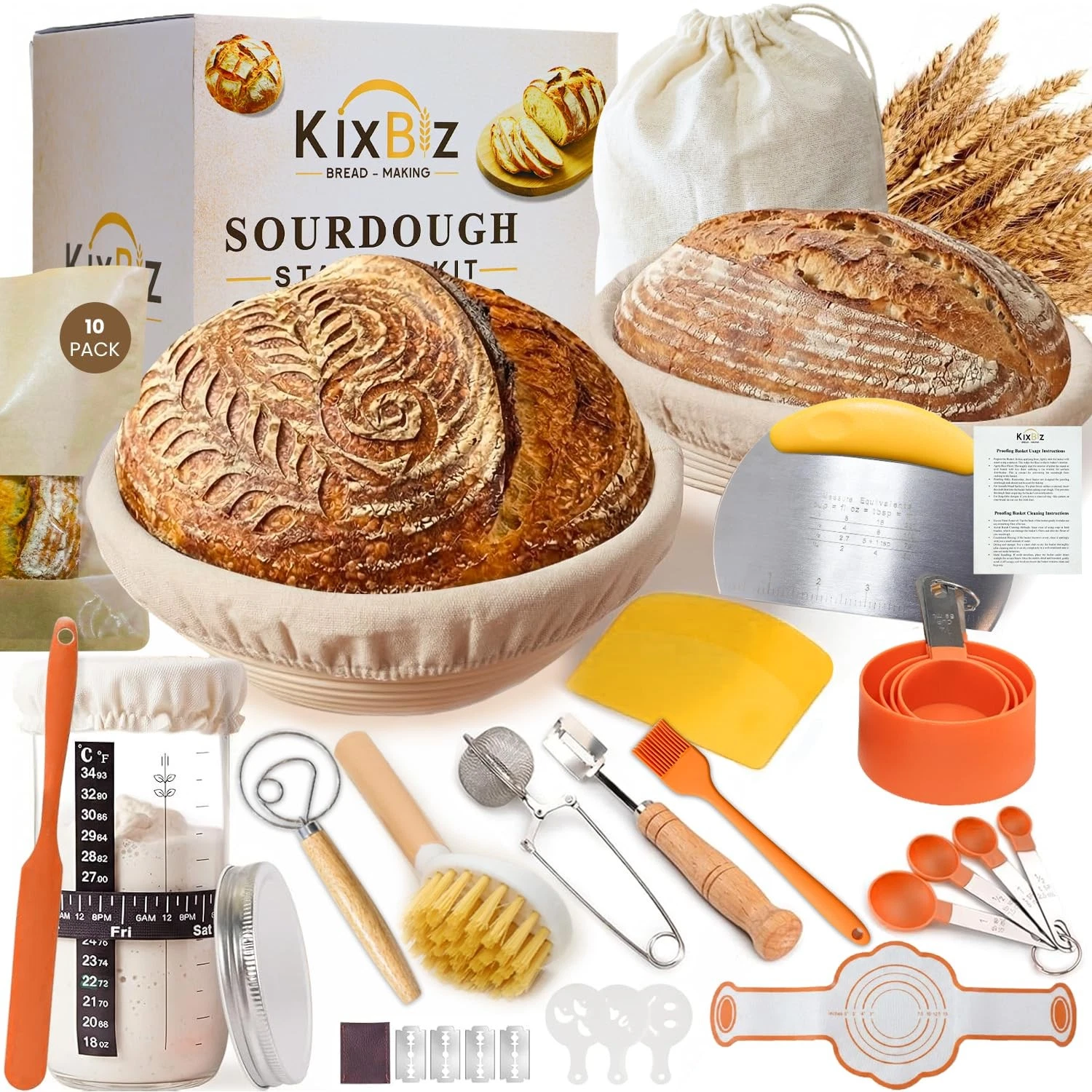 Sourdough Starter Kit with Round & Oval Banneton Bread Proofing Basket, Compl...