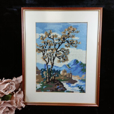 Gerahmte Nadelspitze Kunst - Berglandschaft, Vintage 16 x 13 Zoll (41 x 33 cm) 