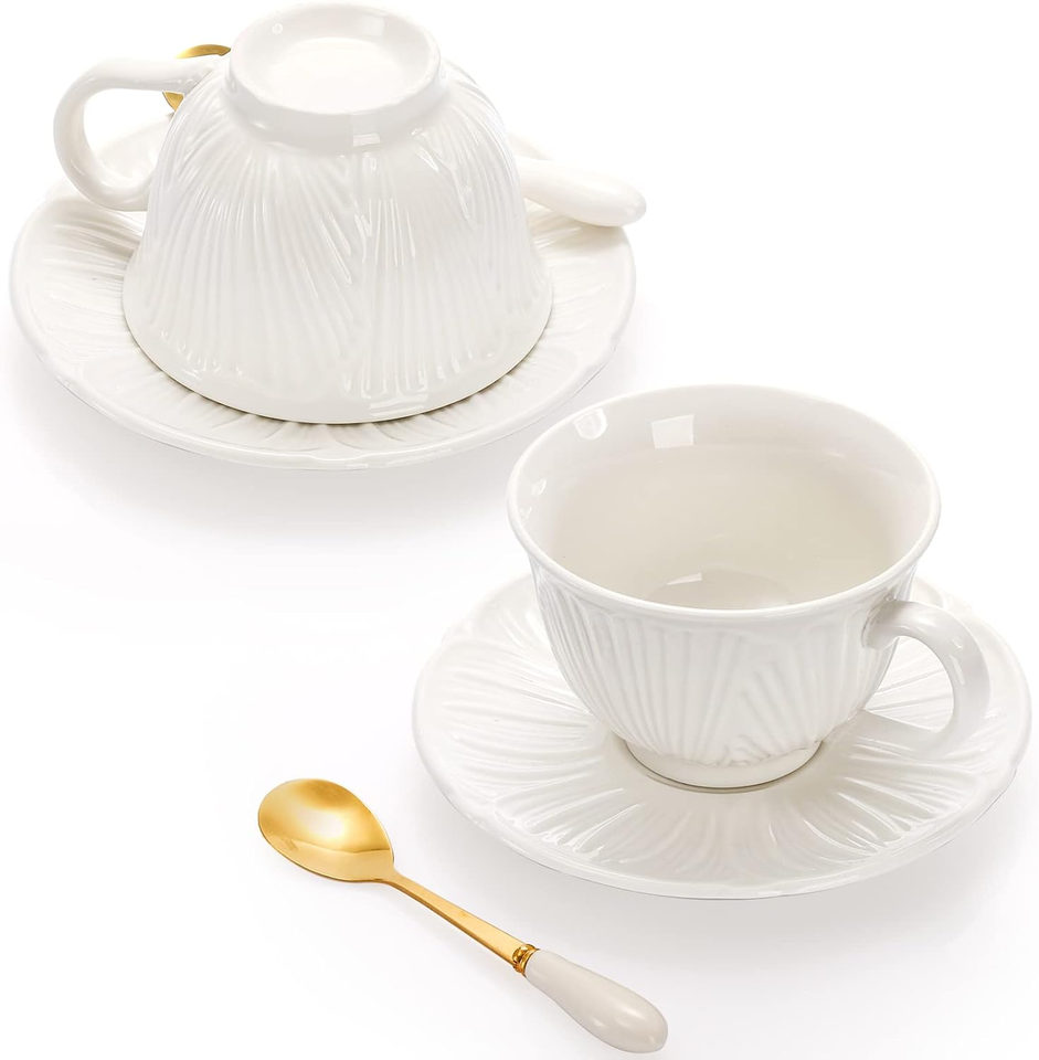 Set of 6 Royal Tea Cups and Saucers, 8 Oz Large Cappuccino Cups Set