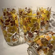 Mid Century~Libby~ Floral Hiball Tumbler Set~5+1~Retro Mustard Orange Brown~Gift