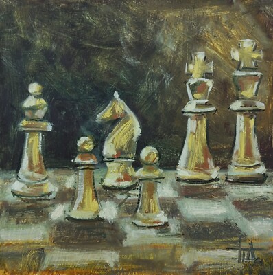 Original Oil Painting ''Chess'' Handmade Miniature Painting 6x6 inch
