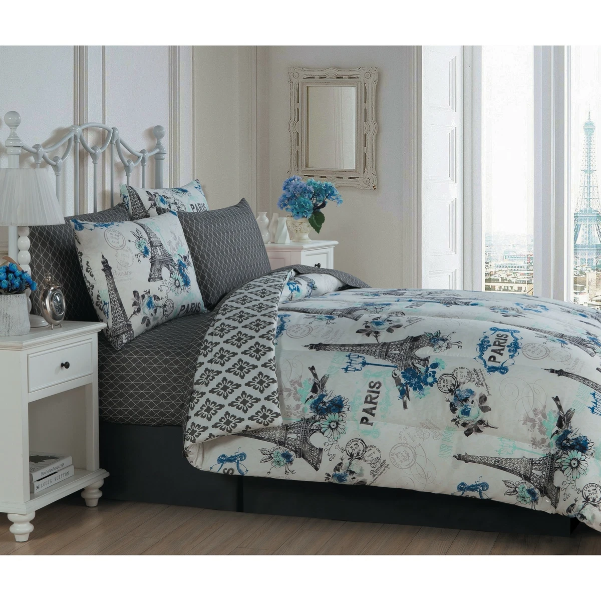 Twin Queen King Bed Bag Gray Blue Paris Eiffel Tower Vintage 8 pc