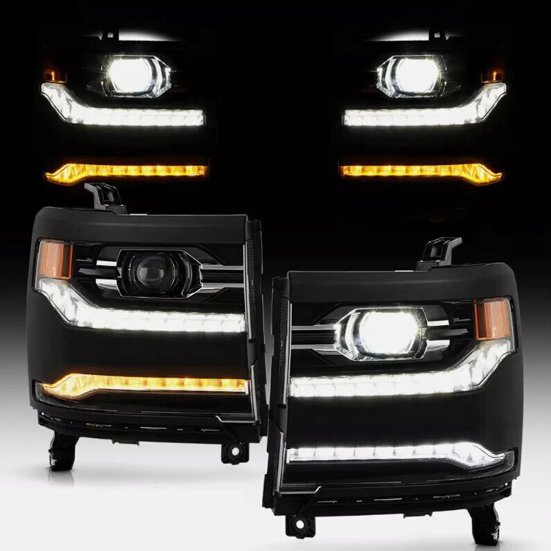 FULL LED Black Projector Headlights For 2016-2018 Chevy Silverado 1500 Headlamps Foto 3 de 4