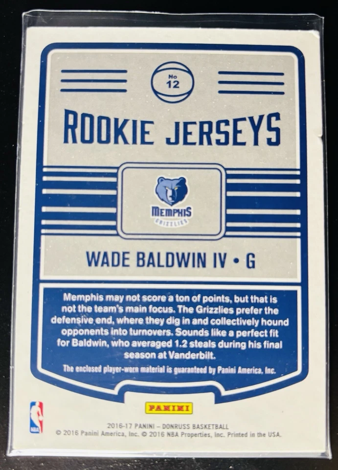 Wade Baldwin IV 2016-17 Panini Donruss Rookie Jerseys Memorabilia Relic - Image 2 of 2