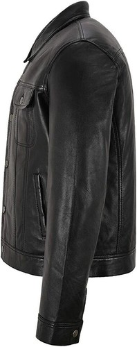 Men's Trucker Jacket Black 100% Real Lambskin Genuine Leather Classic Style- 113 - Picture 3 of 10