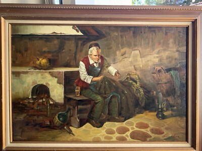 Vintage Vito Calucci Signed Framed Oil Canvas Painting Man Making Fisherman Nets