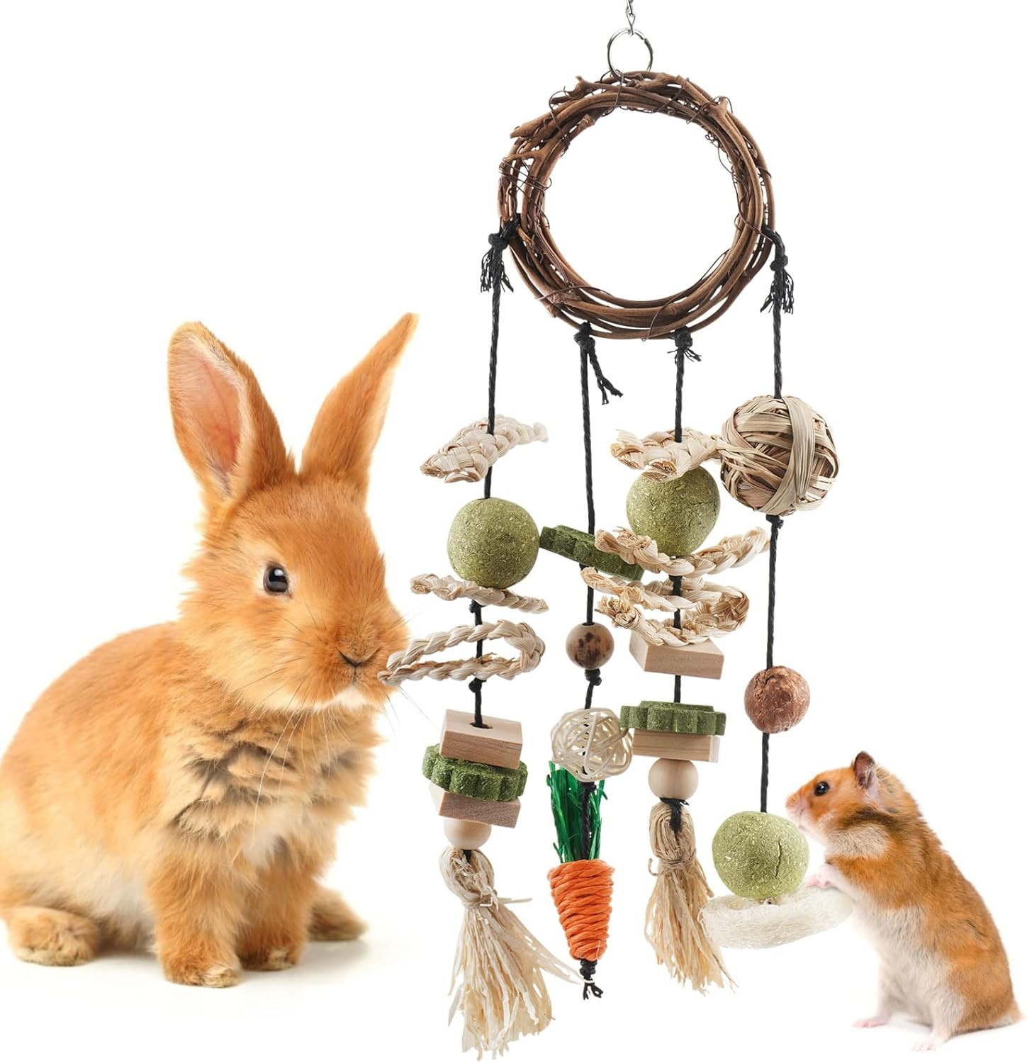 Bissap Bunny Chew Toy, Rabbits Cage Hanging Chew Toys and Treats Rattan Ring wit
