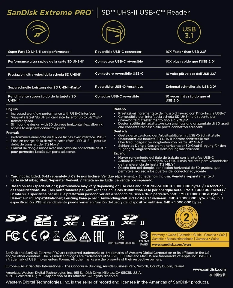 SanDisk Extreme PRO SD Memory USB Type-C Card Reader SDDR-409 SDHC SDXC OPEN BOX - Image 2 of 3