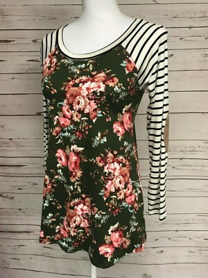 Magic Fit Green Floral Striped Top Knit Boutique Tee Womens Small