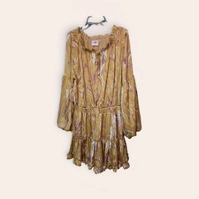  Gold Floral Silk Chiffon Mini Dress Smocked Long Sleeve Size Large