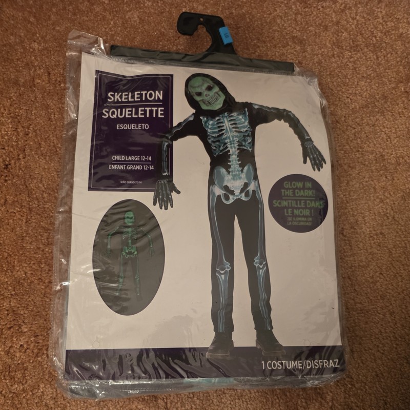 Child Large 12 - 14 Skeleton Hallowen Costume Glow In The Dark 