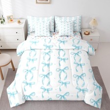 Cute Blue Bow Twin Comforter Set with Sheets,Coquette Ribbon Bows Bedding Set...