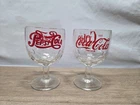 2 Vintage PEPSI/COKE RETRO GOBLETS Thumbnail Clear Glasses with Stem Heavy 70's