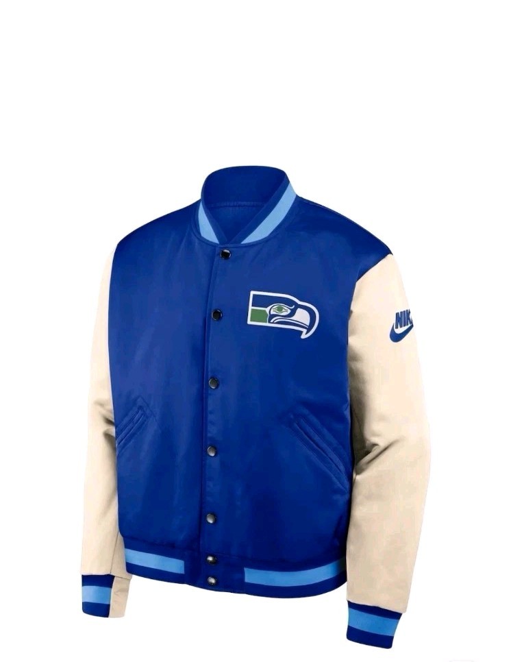 Nike Seattle Seahawks Royal Cream Rewind Legacy Full-Snap Bomber Jacket Size 2XL