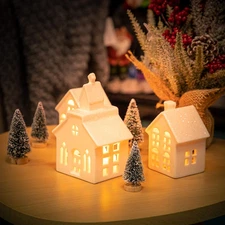 7-Piece LED Lighted Ceramic Christmas Village Set with Remote and Trees