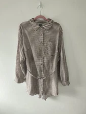 Shein Tunic Shirt Top Size 4XL 20 22 Women White Brown Casual Patterned Longline