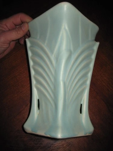 Vintage Antique Blue Green McCoy Art Pottery Palm Fern Fan Vase 9" Tall