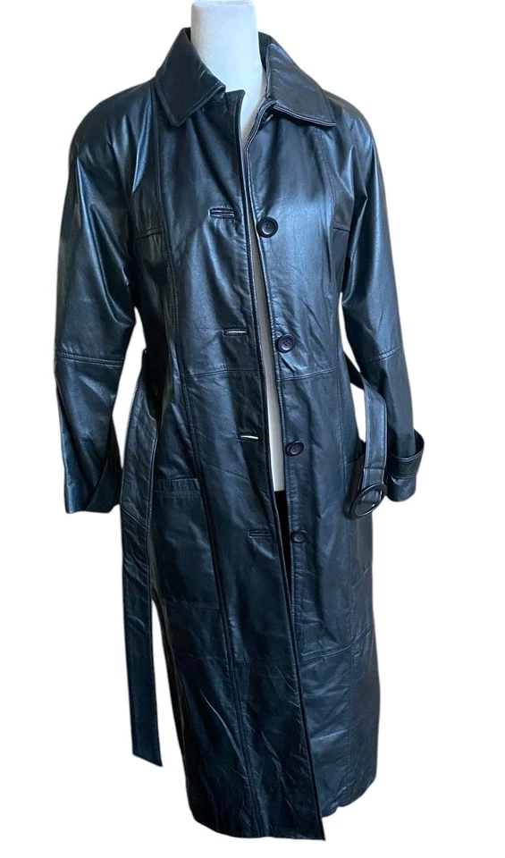 Vtg Leather Long Black Trench Coat Women PS Petite S Belt Avanti Jacket  - Image 3 of 4
