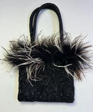Black Ostrich Feathers Trim Beaded Purse Small Double Strap Bag Zip Top 7x7