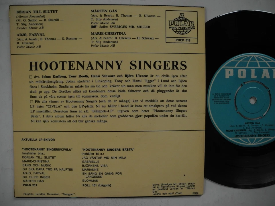 HOOTENANNY SINGERS Början till slutet / Adjö farväl +  EP 45 7" 1967 Sweden EX- - Image 2 of 2