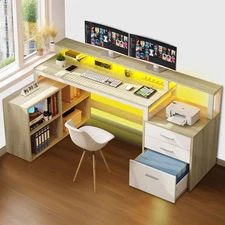 65 in L Shaped Computer Desk with File Drawer Desk w/ Power Outlets & LED Lights