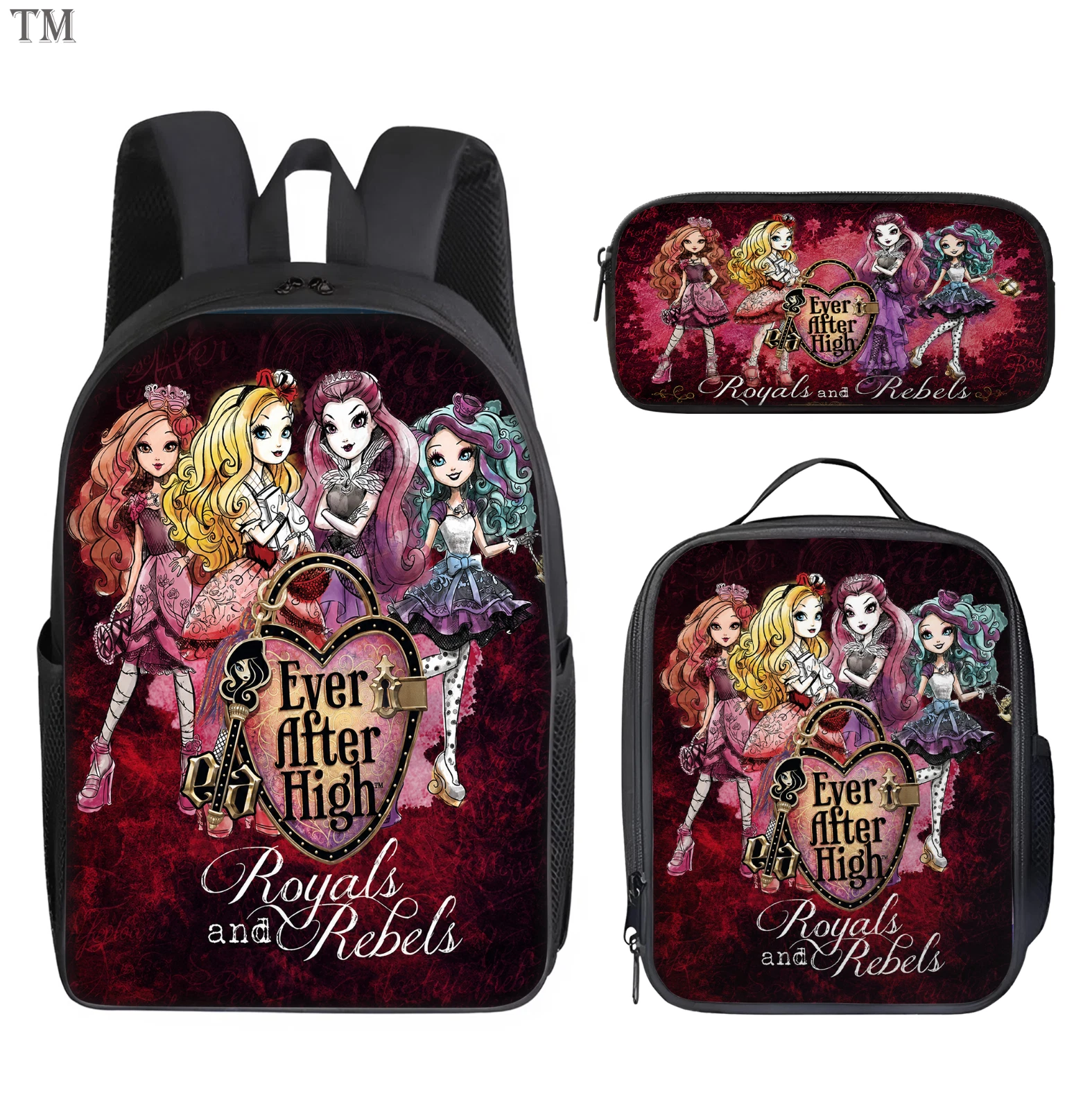 Paris Gothic Inspired 3Pcs School Bag Set Purple Backpack Lunch Box Pencil Case