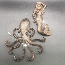 Nautical Mermaid Octopus Cast Iron Wall Hanging Towel/ Key Hooks Beach Decor New