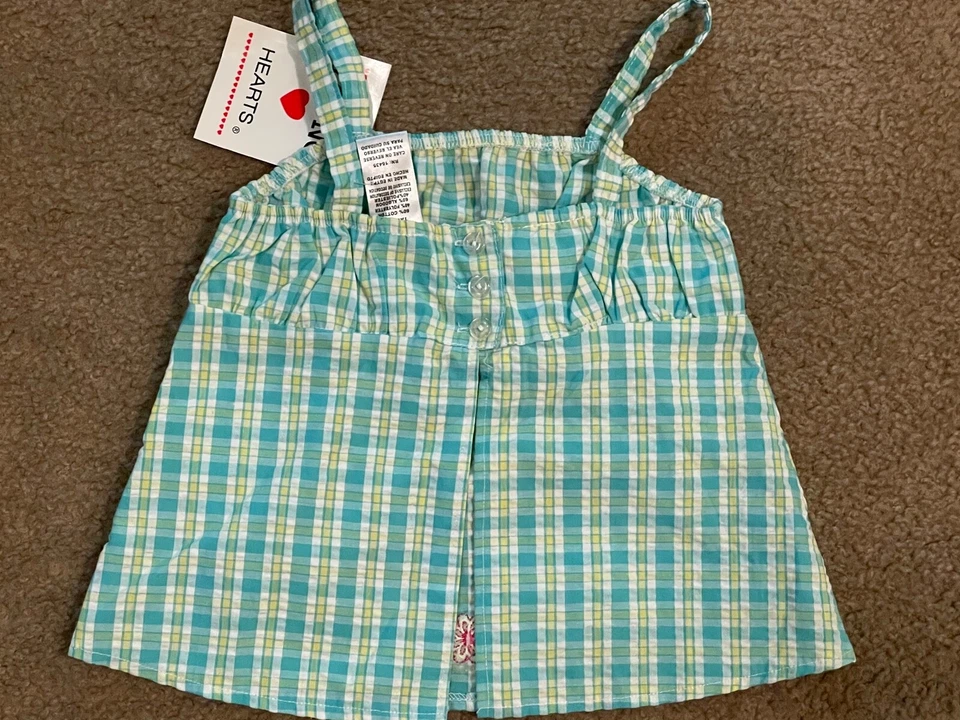 New Girl's Young Hearts Plaid Tank Top Blue Yellow White Embroidered Flowers 4T - Image 4 of 4