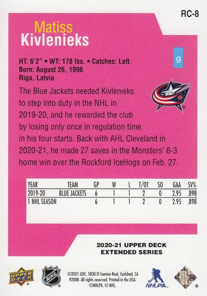 2020-21 Matiss Kivlenieks UD Extended Series Rookie Class SE #RC-8 - Image 2 of 2