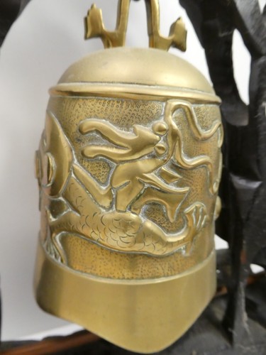 CHINESE TEMPLE CARVED TIMBER DRAGON MOUNTED EMBOSSED CAST BRASS CEREMONIAL BELL - Picture 11 of 21