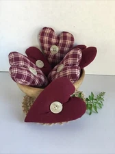Set of 6 Homespun Burgandy print fabric Bowl Fillers Hearts Tucks ornies decor