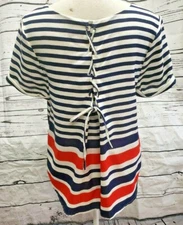 Everly Womens Hi Low Blouse Size L Striped Linen Blend Lace Up Back Patriotic