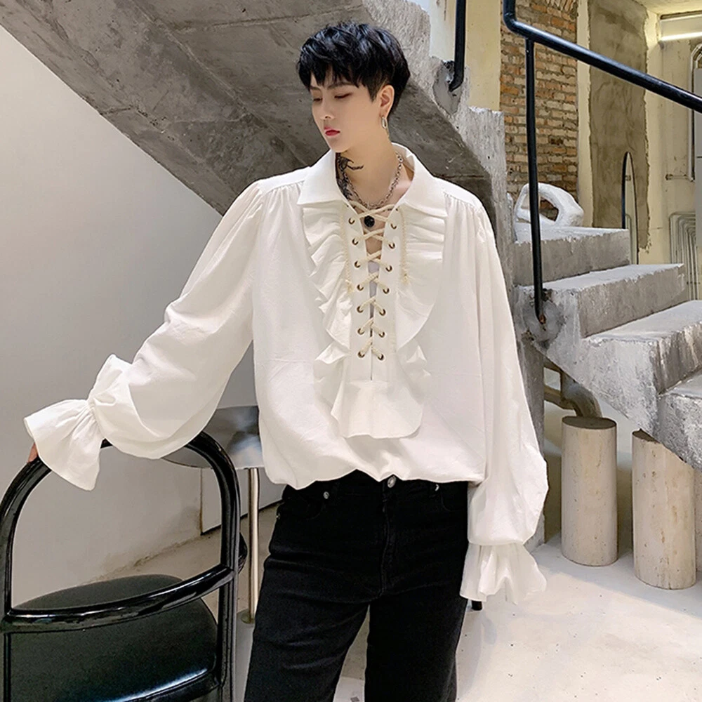 Mens Victorian T-Shirt Ruffle Lace Up Neck Bell Long Sleeve Casual Shirt  Retro | eBay