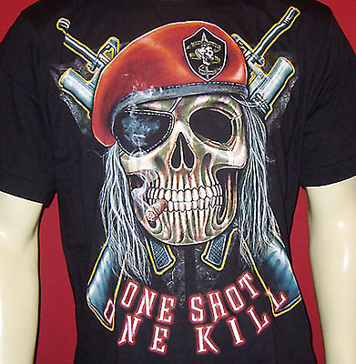 ONE SHOT ONE KILL T-SHIRT M L XL XXL SKULL HELLRAISER TOTENKOPF MASCHINENGEWEHR