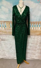 Maxi Evening Dress 8 Green Sequin  Wrap Style Quiz Formal Deco Prom Long Sleeves