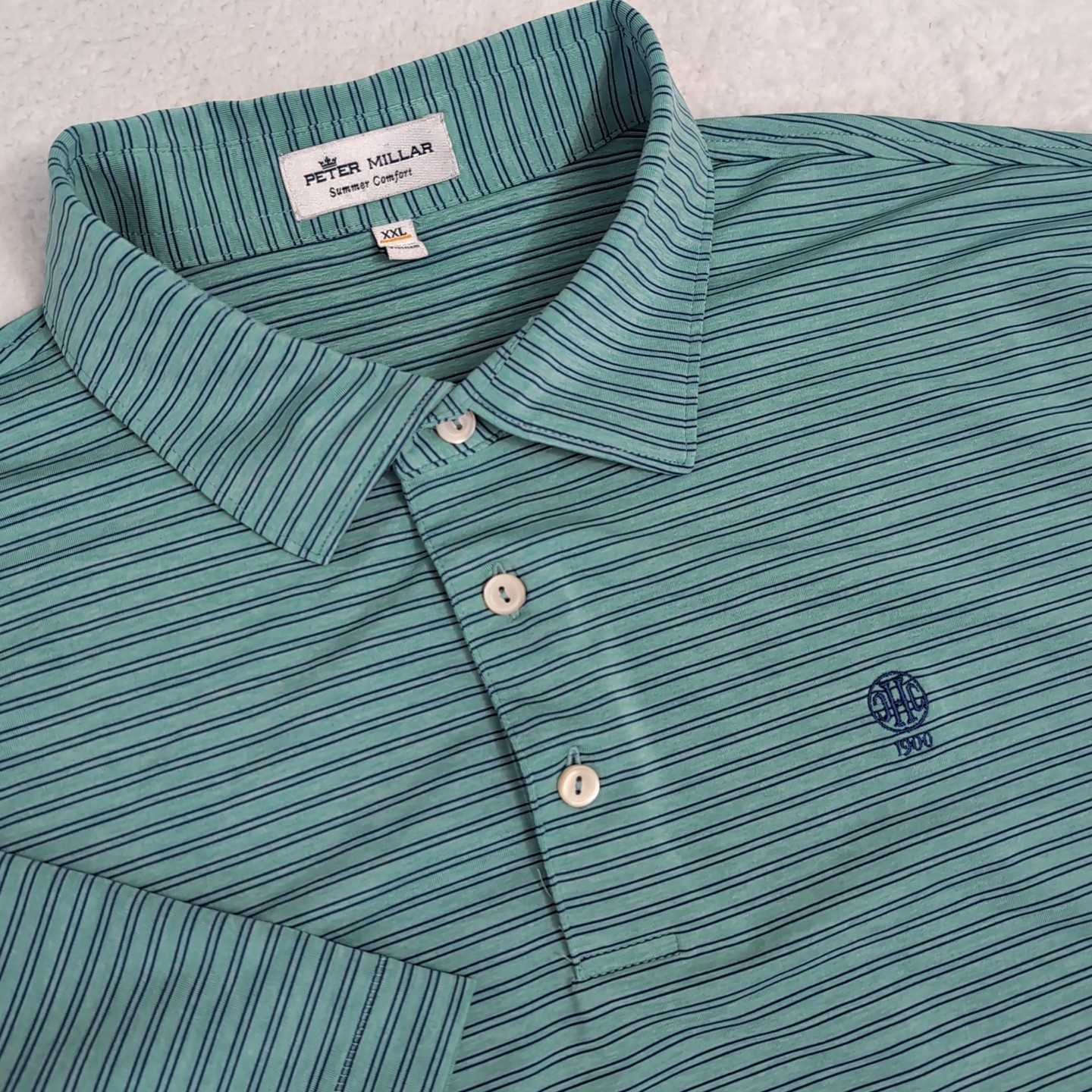 Peter Miller Summer Comfort Golf Polo 2XL Green Blue Striped 1900 CHC Stretch