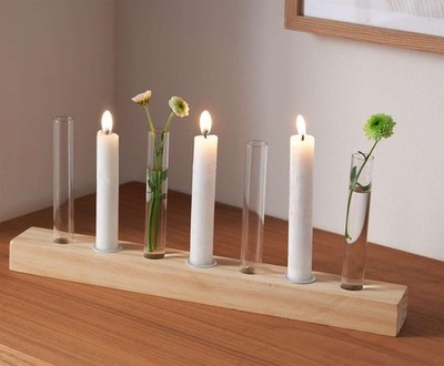 Holz Deko Board ''Minimal'' 4 Glasvasen 3 Kerzen Haltern, Reagenzglas Vase Ständer