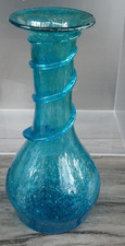 MCM Murano Art Glass Blue Pulegoso Seeded Vase w/ Applied Spiral Necklace