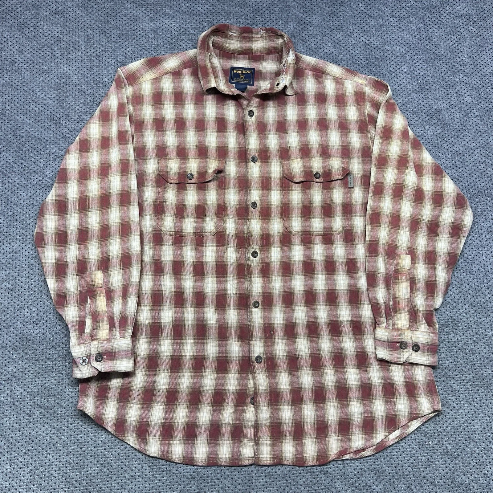 Vintage Woolrich Flannel Shirt XL RARE Distressed Outdoor-wear Plaid Tan Red