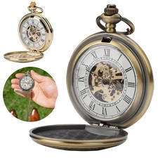 Men  s Vintage Mechanical Skeleton Pocket Watch Roman Numerals Double Open Cover