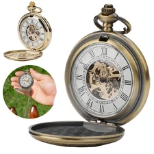 Men’s Vintage Mechanical Skeleton Pocket Watch Roman Numerals Double Open Cover