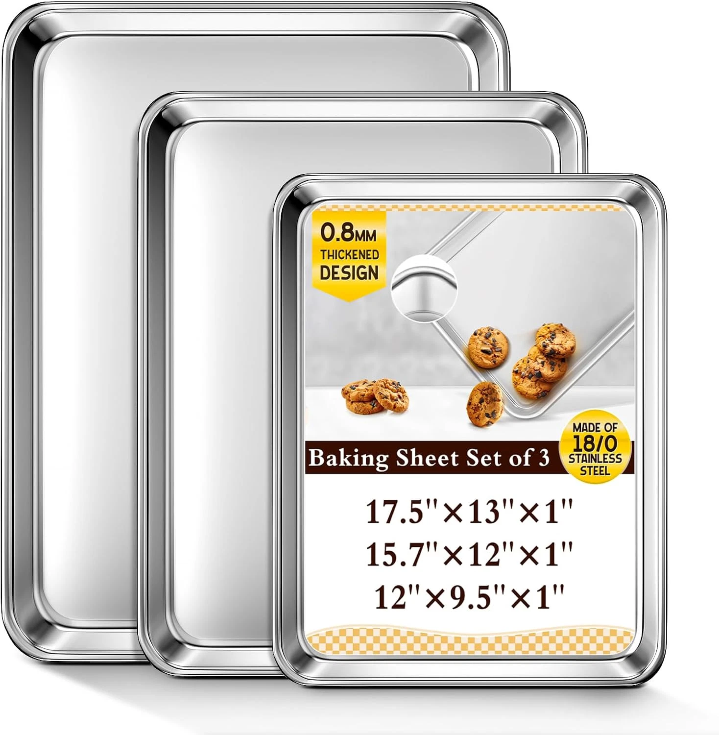 Baking Sheet Set of 3, Commercial Grade Stainless Steel Cookie Sheets for Baking