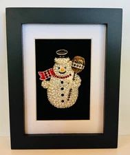Framed Jewelry Art Miniature Snowman Rhinestones and Enamel