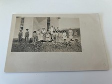 Kids in Overalls and Dresses Standing outside School or Building RPPC Postcard