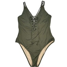 LA Hearts One Piece Swimsuit High Cut Tie Front Olive Green Ribbed Medium