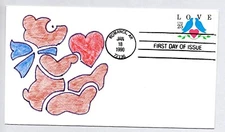#2440 LOVE SERIES LOVE BIRDS & HEART HAND COLORED FDC, TEDDY BEAR